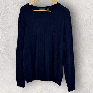 Saks Fifth Avenue Cable Knit Crew Sweater Navy Blue Mens XL Merino Wool Cashmere